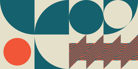 Obraz premium Modern abstract geometric vector seamless pattern with simple elements and shapes like circle, square and triangle. Graphic pastel colored minimalist background.