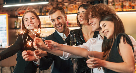 Having fun. Group of people in beautiful elegant clothes are celebrating New Year indoors together