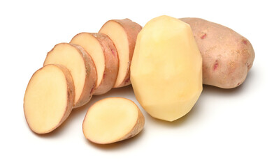 potatoes close-up, raw and sliced, objects are isolated on a white background
