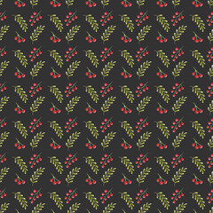 pattern of red berries and green leaves dark background