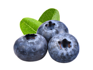 Blueberries with green leaves closeup, isolated on transparent png