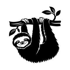 Cute animal sloth on a tree branch on a white background.