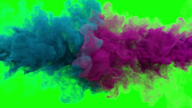 blue and pink smoke collision. blue and pink smoke background isolated on green background. blue and pink ink in water