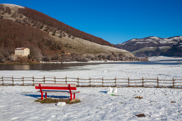 frozen lake laceno with snow