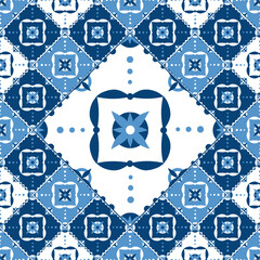 Talavera tile pattern seamless vector. Traditional Mexican, Portuguese azulejos, Spanish ceramic, Italian, Delft Dutch, Mediterranean background with square patchwork motifs.