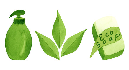 Watercolor set of shower accessories. A bathroom clipart with zero waste. Watercolor illustration liquid eco-soap, eco-soap and leaves, isolated on transparent background.