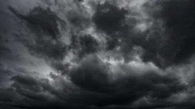 timelapse of dark dramatic sky with black stormy clouds before rain or snow as abstract background, wind and extreme weather