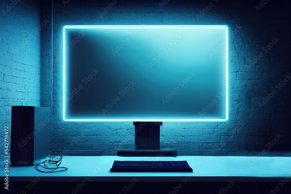Leinwandbilder computer gaming computer on a video game table with a blank screen, mockup, in a dark room with neon