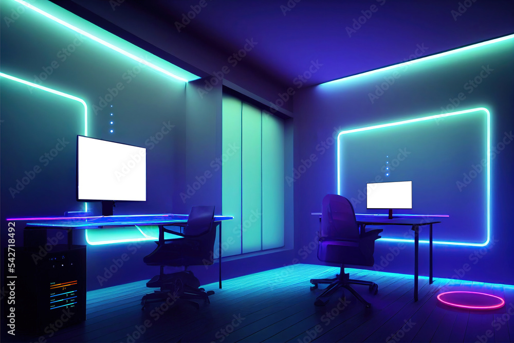 Leinwandbilder computer gaming computer on a video game table with a blank screen, mockup, in a dark room with neon