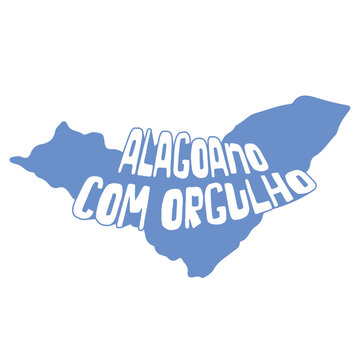 Mapa do estado brasileiro de Alagoas, localizado no nordeste do Brasil. Cores da Bandeira de Alagoas e Lettering estilizado 3d em vetor remetendo ao orgulho do alagoano. 