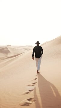 Man in a black shirt walking along a dune in the desert. Abu Dhabi, United Arab Emirates.