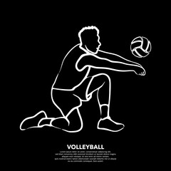 Male volleyball player in white line art isolated on black background. Vector illustration