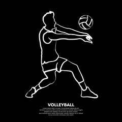 White line art of male volleyball player isolated on black background