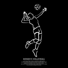 Line drawing of girl volleyball player isolated on black background. Vector illustration