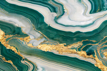 Green and gold marble abstract acrylic background. Marbling artwork texture. Agate ripple pattern. Acrylic Fluid Art. luxury wallpaper. 3D rendering - obrazy, fototapety, plakaty