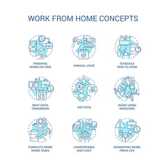 Work from home tips turquoise concept icons set. Burnout prevention. Remote workplace idea thin line color illustrations. Isolated symbols. Editable stroke. Roboto-Medium, Myriad Pro-Bold fonts used