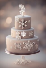 Festive Christmas wedding cake, snowflakes decoration in 3D style 
