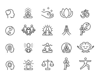 Meditation icons set. Meditation spiritual monochrome line icon set vector illustration yoga practice relaxation. Set of line icons and symbols. Lines with editable stroke