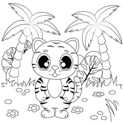 Vector coloring pages with cute tiger cub at the jungle. Cartoon contour illustration isolated on white background