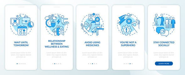 Care for yourself blue onboarding mobile app screen. Combat burnout walkthrough 5 steps editable graphic instructions with linear concepts. UI, UX, GUI template. Myriad Pro-Bold, Regular fonts used