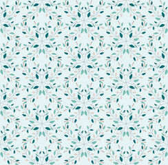 Seamless pattern design with a plant with green leaves and pink flowers and a light blue background in a natural style