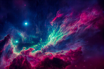 Fototapeta na wymiar Glowing huge nebula with young stars. Space background. Stars of a planet and galaxy in a free space. Incredibly beautiful galaxy in outer space. 3D rendering