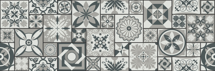 Seamless patchwork tile. Majolica pottery tile. Portuguese and Spain decor. Ceramic tile in talavera style. Vector illustration. Abstract seamless patchwork pattern with geometric and floral ornament