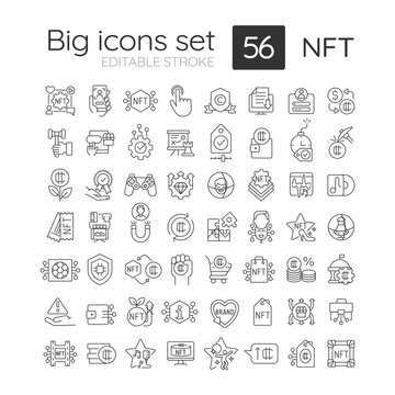 NFT RGB linear icons set. Blockchain technology. Collectible virtual artefacts. Customizable thin line symbols. Isolated vector outline illustrations. Editable stroke. Quicksand-Light font used