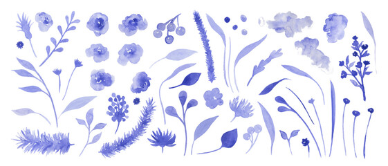 Set of violet watercolor botanical elements, plants, branches, flowers. Hand painted decorative floral collection.