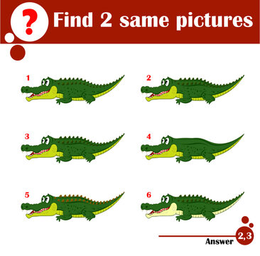 Children educational game. Find two same pictures of cute crocodile