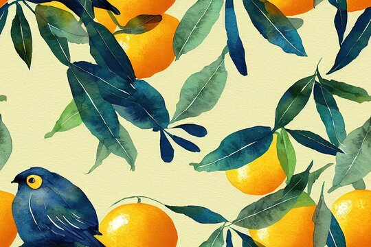 Watercolor seamless pattern with citrus and leaves, bird peacoc.