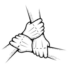 Three hands holding each other, join hands together, teamwork and friendship concept, vector