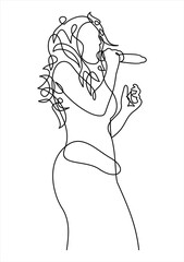 singing woman with microphone in hands illustration. musical band vocalist.continuous line drawing 