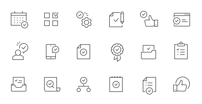 Check mark, quality control line icon. Approve sign, business quarantee mark outline editable stroke icon. Document confirm vector illustration.