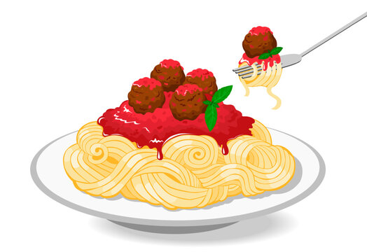 Plate of spaghetti or tagliatelle with meatballs and tomato sauce, pasta at fork. Classic italian pasta dish, vector illustration.