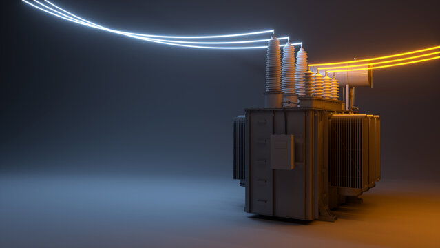 Three-phase transformer glows on a dark background. Template with neon wires and copy space. Energy design. 3d illustration
