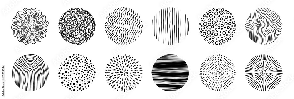 Aufkleber abstract line pattern circle set. hand drawn texture, doodle decorative line, spiral, scribble graph