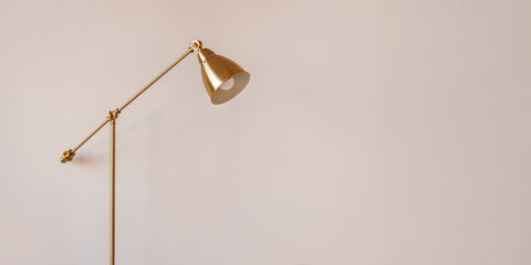 Metal golden floor lamp, corner lamp with plain color wall background.