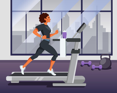 Vector illustration in a flat style with an African-American woman running on a treadmill in a gym. Sports training and preparation for sports competitions. Healthy lifestyle