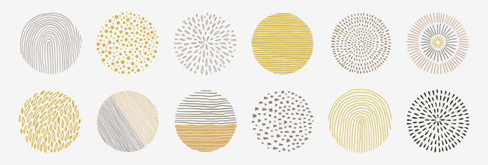 Scribble texture pattern circle set. Hand drawn line texture, doodle decorative spiral, scribble graphic round element. Circle pen drawn brush grunge texture. Vector illustration