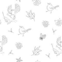 Seamless Pattern with Birds. Line Art Ornament. Vector