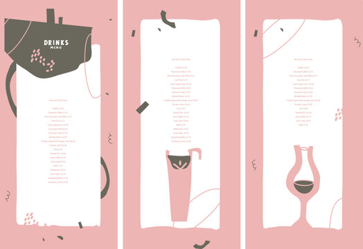 Modern design menu. Composition of abstract shapes, lines, stylized images of a cocktail, cup of coffee, glass of wine or champagne. Vector illustration for bar, restaurant, shop of alcoholic beverage