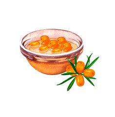 Oil, drop of honey (maple syrup) sea buckthorn in glass bowl with berry. Natural fresh organic yellow vegetable oil realistic watercolor image. Glass peala with pure product inside close up element