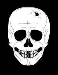 Illustration of a pierced human skull on a black background. Instead of teeth the words AH OH. Vector illustration