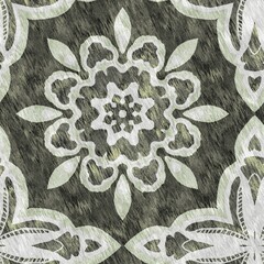 Mosaic geometric green seamless texture pattern. Trendy kaleidoscope woven design for printed fabric. Rough abstract textile design. 