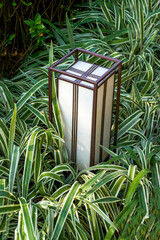 Close-up of floor lamp placed among plants in the garden