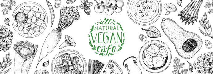 Vegan food frame. Hand drawn vector illustration. Menu design template. Vegan food sketch. Vintage design template. Product design. Great for packaging, recipe book, menu. Vegetarian food sketch.
