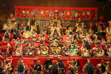 chinese god of group on black lacquer altar