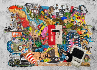  Art illustration. Street subcultural art in urban style. A collage in the style of pop art on the theme of hobbies, music and free style.