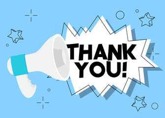 Thank You text with cartoon Megaphone. Vector Announcement illustration.